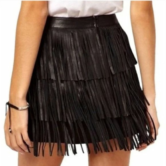 Zara Black Leather Fringe Skirt Size L - Picture 5 of 16